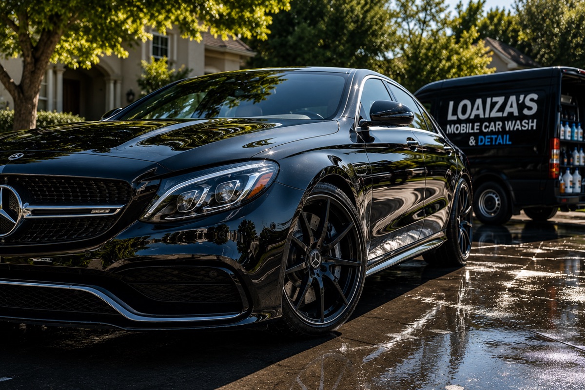 Freshly detailed black Mercedes-Benz on a wet driveway after a mobile detail in Marin County