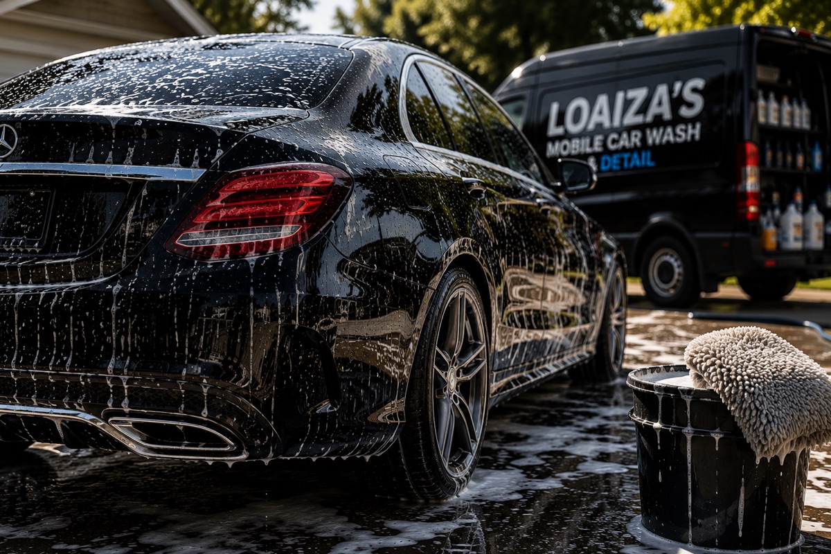 Black Mercedes-Benz being washed outdoors with foam, with a Loaiza's mobile car wash truck in the background