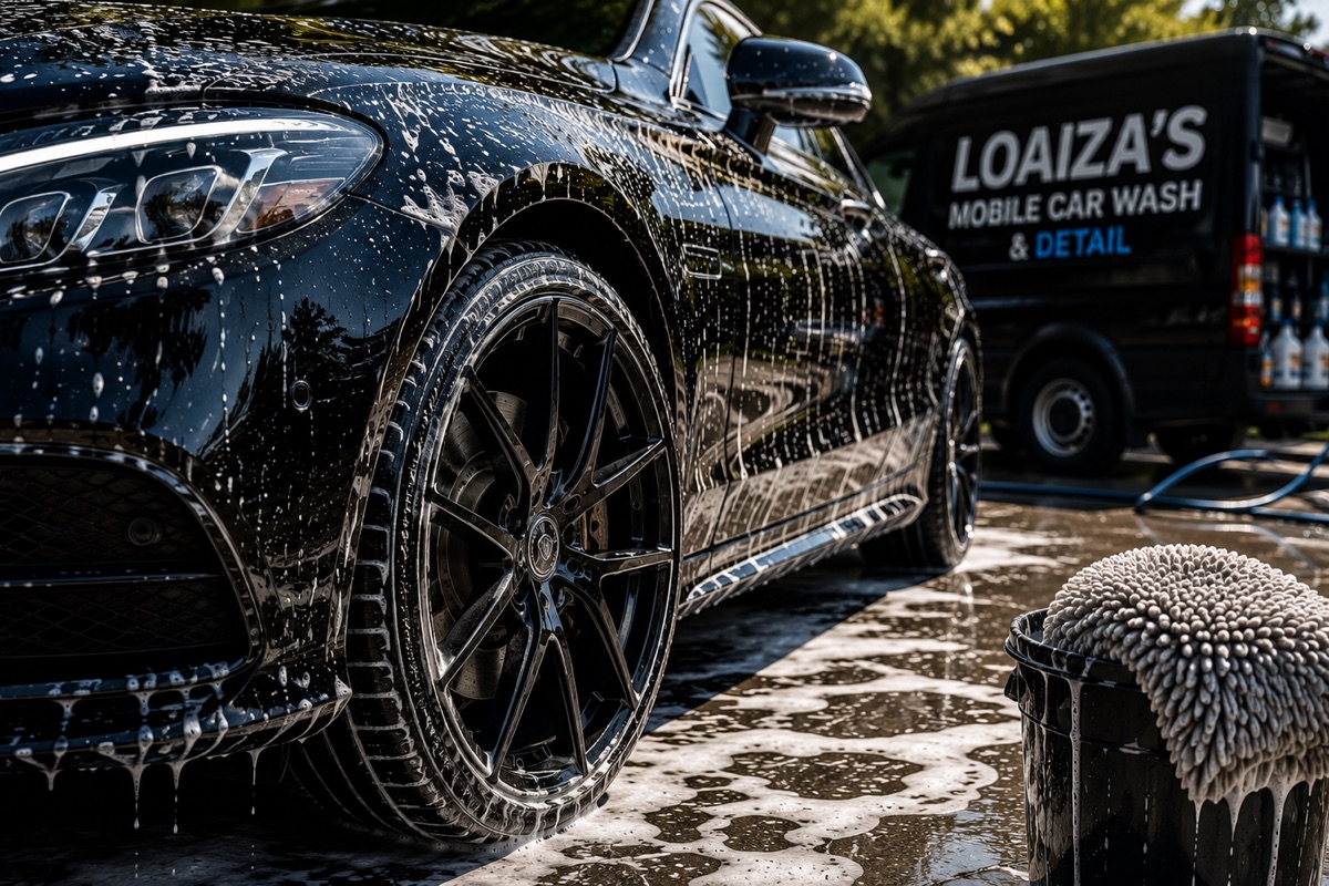 Black luxury car covered in soap suds during a mobile car wash in Marin County